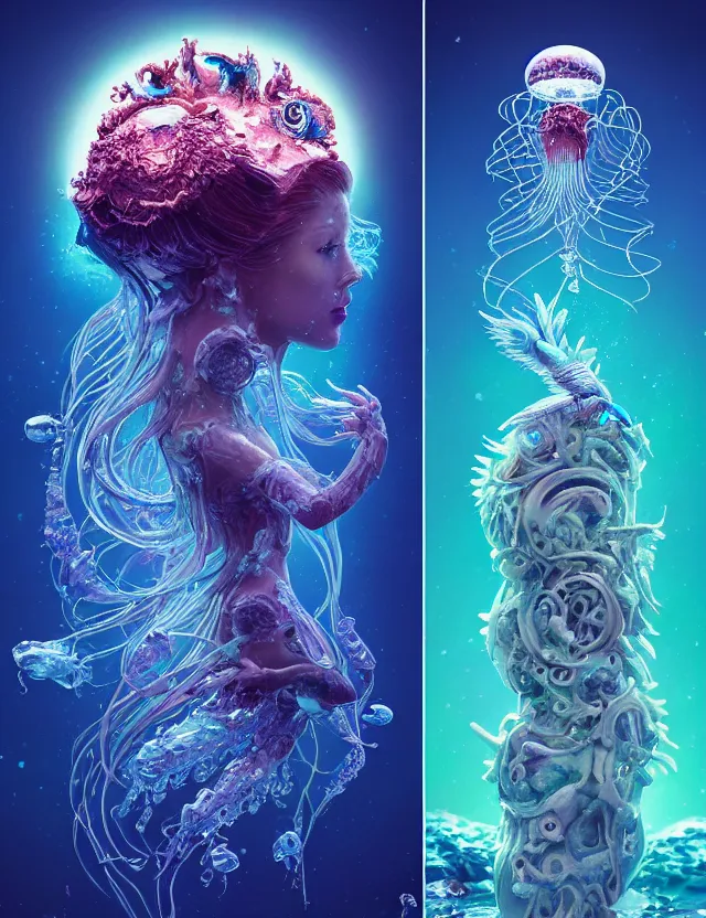 Image similar to goddess macro shouler portrait from bottom to top in crown made of ram skull. betta fish, jellyfish phoenix, bioluminiscent, plasma, ice, water, wind, creature, super intricate ornaments artwork by tooth wu and wlop and beeple and greg rutkowski and alexander fedosav