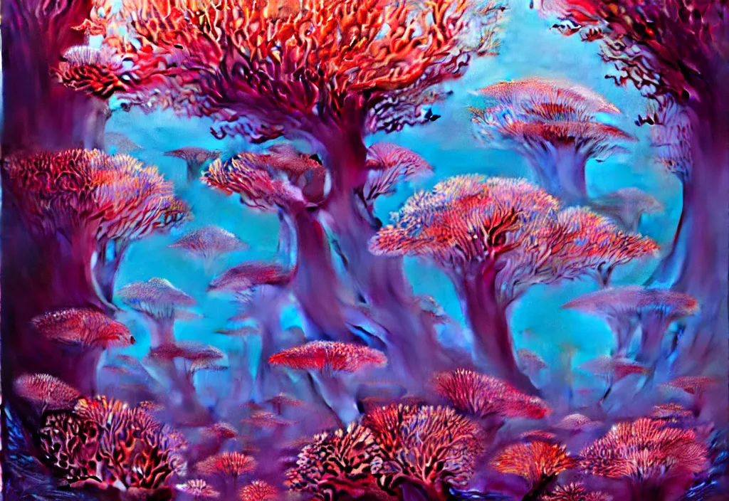 Prompt: ethereal glowing fairy coral forest underwater, repeating patterns, tim hildebrandt, wayne barlowe, bruce pennington, donato giancola, trending on artstation, cinematic composition, sharp focus, beautiful lighting, hyper detailed, 8 k, oil on canvas