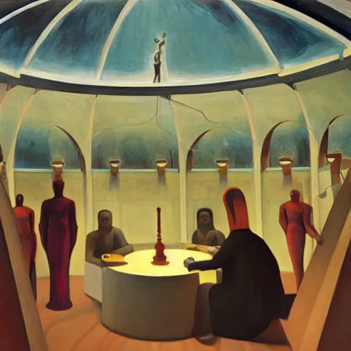 Image similar to three holy robotic seers watchers oracles soothsayers inside a dome, pj crook, grant wood, edward hopper, syd mead, oil on canvas