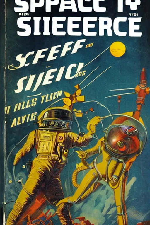 Prompt: cover art in the style of old pulp science fiction magazines, spaceships, aliens