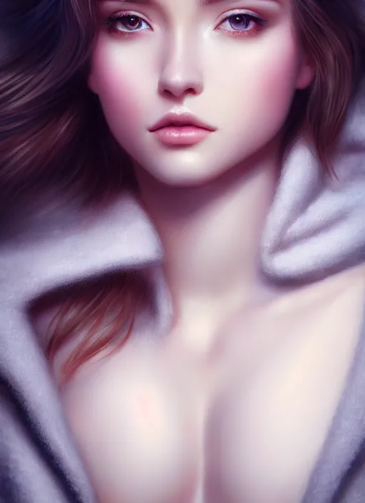 Prompt: a gorgeous female photo, professionally retouched, soft lighting, torso, legs, feet, long coat, realistic, smooth face, perfect eyes, wide angle, sharp focus on eyes, 8 k high definition, insanely detailed, intricate, elegant, art by artgerm, snowy winter