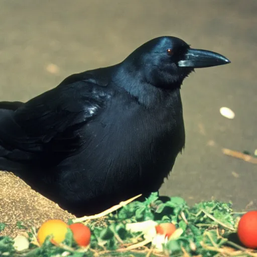 Image similar to close up of a obese crow with a round body short legs and large black beak, high resolution film still, film by Jon Favreau