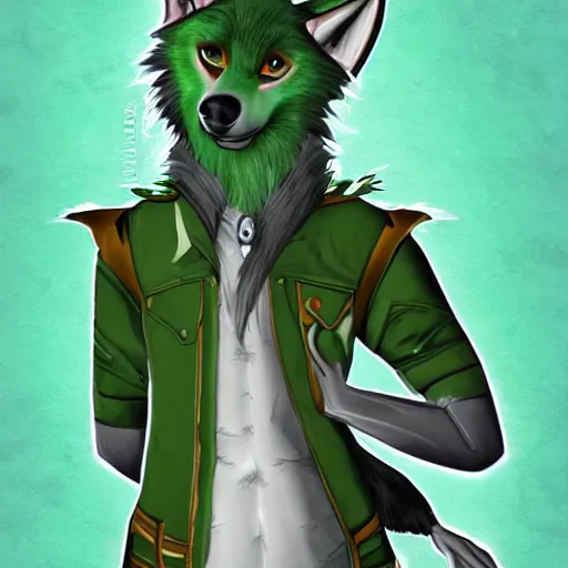 Image similar to Beautiful digital painting of an anthro anthropomorphic pastel-green wolf, Punk outfit.