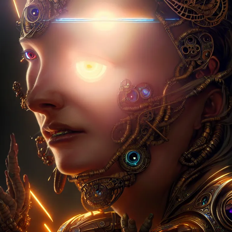 Image similar to ultra realistic beautiful cyborg deity eyes closed, fantasy, intricate details, movie still, highly detailed, photorealistic, octane render, eerie, 8k, art by artgerm and james clyne and greg rutkowski and alphonse mucha