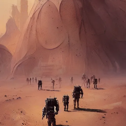 Image similar to highly detailed concept art of walking city on Mars desert trending on Artstation by Daniel Dociu and Greg Rutkowski, high quality, sci-fi, futuristic