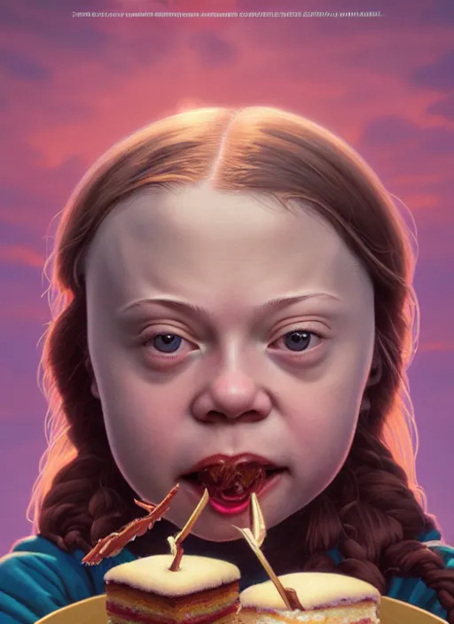 Image similar to highly detailed closeup portrait of greta thunberg eating cakes, stephen bliss, unreal engine, greg rutkowski, ilya kuvshinov, ross draws, tom bagshaw, tom whalen, alphonse mucha, nicoletta ceccoli, mark ryden, earl norem, global illumination, god rays, detailed and intricate environment