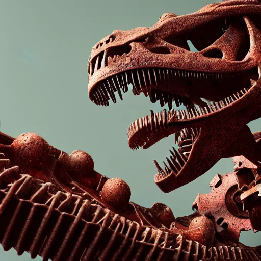 Image similar to a t-rex made of rusty gears, octane render, 3D