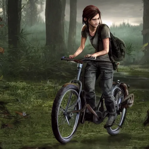 Image similar to ellie from the last of us riding a bycycle