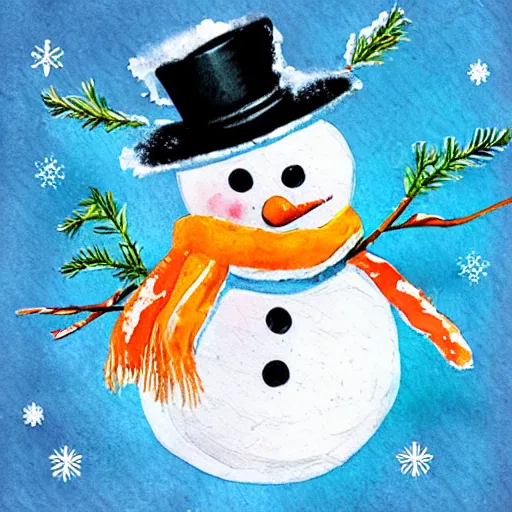 Image similar to snowman with carrot whimsical cute mixed media winter icon collage illustration in soft watercolor style, ice blue cold hues