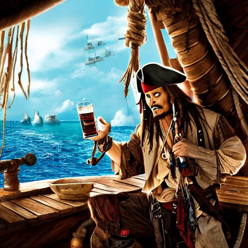 Image similar to jack sparrow drinks rum from bottle at the deck of pirate ship, focus, 3 d illustration, sharp, intricate, poster,, photo, detailed photo, scene from pirates of caribbean