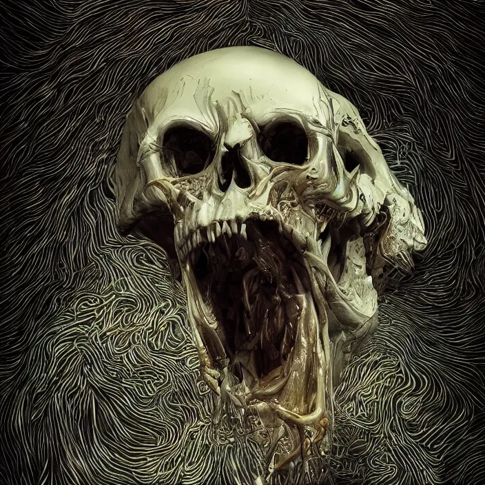 Image similar to portrait of a melting skull. razor sharp teeth. nightmare fuel. intricate abstract. intricate artwork. by Tooth Wu, wlop, beeple, dan mumford. octane render, trending on artstation, greg rutkowski very coherent symmetrical artwork. cinematic, hyper realism, high detail, octane render, 8k, iridescent accents