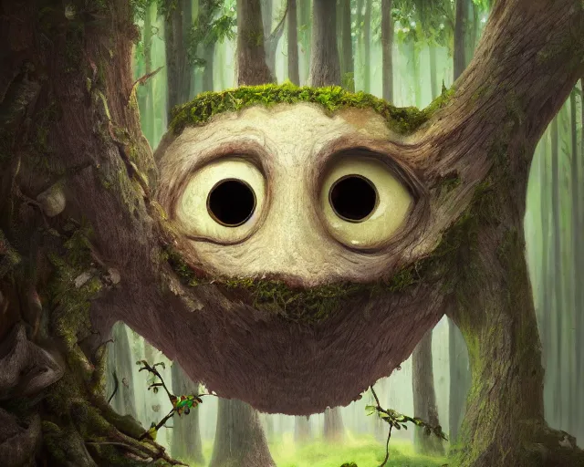 Image similar to a talking tree, a smiling face in the bark, bushy moustache, big eyes, nose, fantasy concept art, oil painting, hyperrealistic, highly detailed, artstation, cgsociety, in the forest