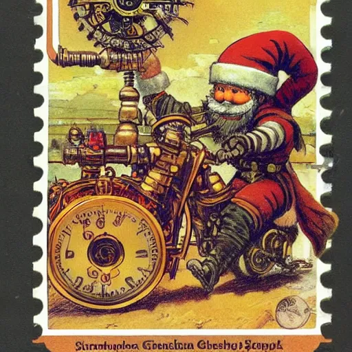 Prompt: steampunk orange mohawk Streetfighter Gnome Santa riding an intricate clockwork gearwork automaton golem vehicle traveling stamp postcard winslow homer craig j. spearing thomas eakins