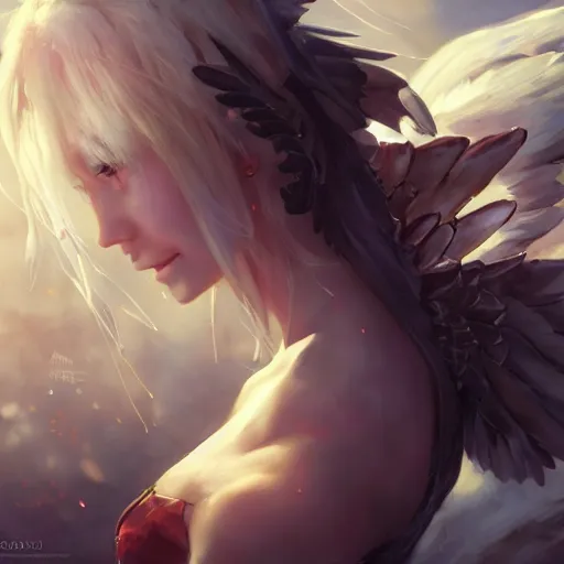 Image similar to an oil painting of a beautiful anime girl with demon wings, by artgerm, wlop and greg rutkowski, hd, hdr, ue 5, ue 6, unreal engine 5, cinematic 4 k wallpaper, 8 k, ultra detailed, high resolution, artstation, award winning