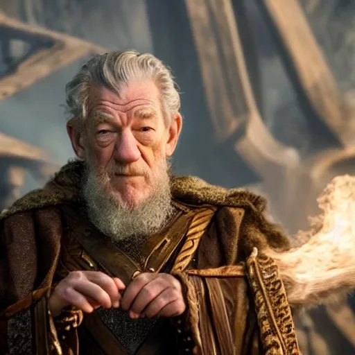 Prompt: sir ian mckellen playing odin all father from the thor movie, highly detailed, cinematic shot, cinematic lighting, 8 k, exquisit facial detail