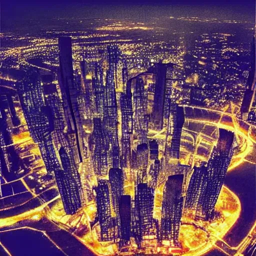 Image similar to “an aerial photo of a futuristic city on the moon, at night, in the style of blade runner”