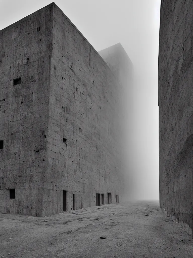 Image similar to High resolution black and white photograph with a 22mm F/12.0 lens of a Brutalist architectural building in Albania in the 1970s in the middle of a deserted nowhere while foggy and cloudy.