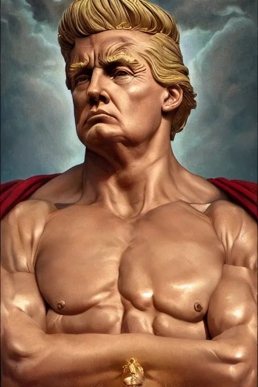 Prompt: President Donald J Trump as a Greek god, detailed face, gorgeous, amazing, muscular, fit, very muscular male body, Caesar victorious, proud Emperor , intricate, highly detailed, digital painting, artstation, concept art, sharp focus, illustration, art by greg rutkowski beeple and alphonse mucha