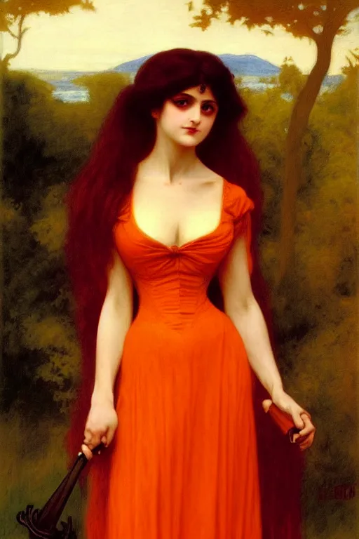 Image similar to victorian vampire in orange dress, painting by rossetti bouguereau, detailed art, artstation