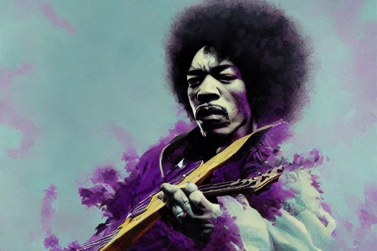 Image similar to jimi hendrix transforming into a purple haze, soft, sharp focus, detailed, artwork by greg rutkowski