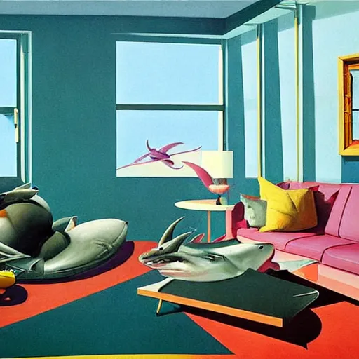 Prompt: A shark floating in a 1960s art deco living room, highly detailed, very coherent, painted by Francis Bacon and Edward Hopper, Wayne Barlowe, painted by James Gilleard, surrealism, airbrush, art by JamesJean