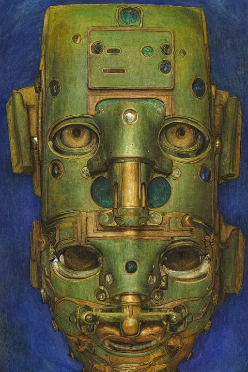 Image similar to the robot in his mechanical mask,by Annie Swynnerton and Diego Rivera, symbolist, dramatic lighting, elaborate geometric ornament, Art Brut, bioluminescent, soft blues and greens,smooth, sharp focus, extremely detailed, Adolf Wölfli