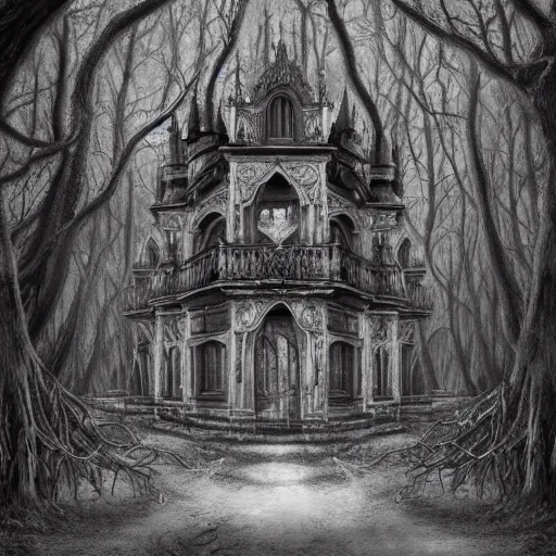 Prompt: mystical baroque castle in haunted swamp surrounded by dense forest with vines, creepy ambiance, desaturated, highly detailed, sharp focus, brutalist architecture, by artgerm, cgsociety
