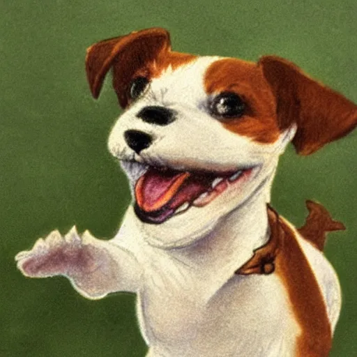 Prompt: closeup portrait of a happy jack russel terrier jumping, illustrated by peggy fortnum and beatrix potter and sir john tenniel