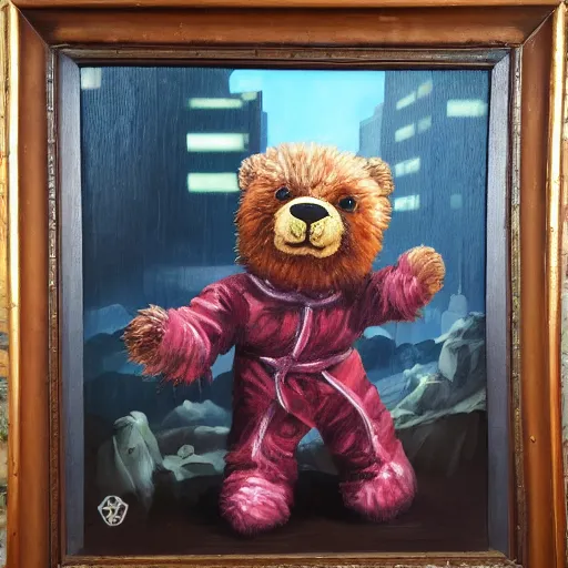 Prompt: cyberpunk surrealist oil painting of a teddy bear practicing ninjutsu atop a mountain