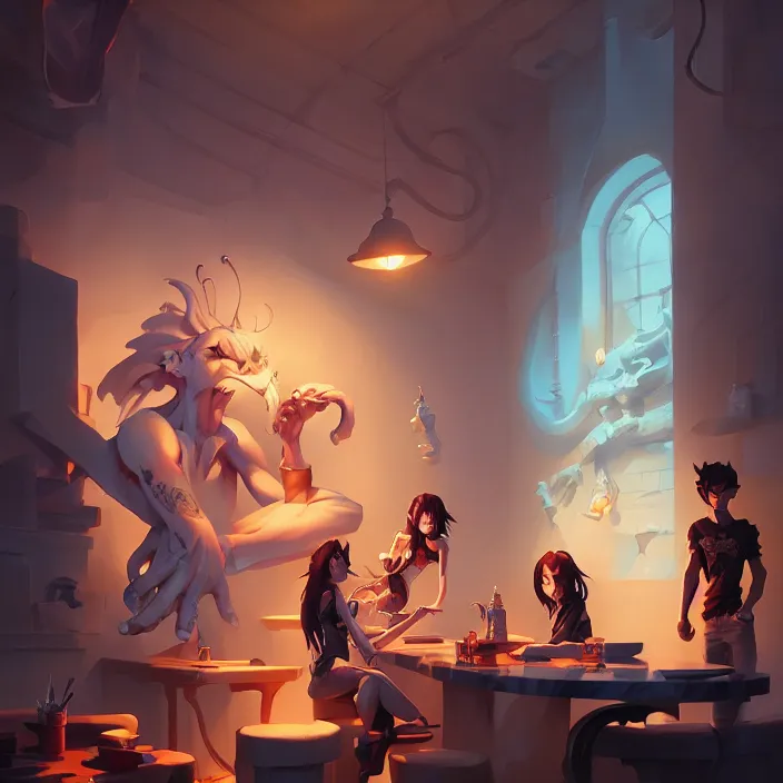 Prompt: incredible, mindblowing, tattoo shop, in marble incrusted of legends official fanart behance hd by jesper ejsing, by rhads, makoto shinkai and lois van baarle, ilya kuvshinov, rossdraws global illumination