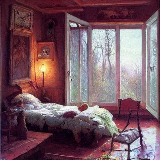 Prompt: Cozy treehouse bedroom, beautiful painting by Ivan Kramskoi