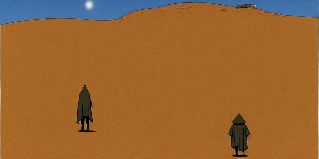 Prompt: android in cloak standing in dunes illustration by moebius