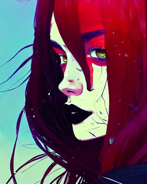 Image similar to close up, captivating, memorable, a ultradetailed beautiful photo of a unique woman wearing a hippy goth outfit standing too too too close, side view, bloom lighting staring at you by conrad roset, greg rutkowski and makoto shinkai trending on artstation