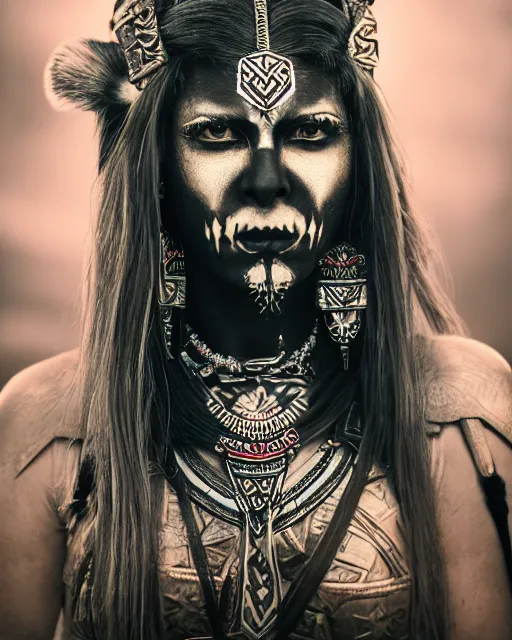 Image similar to photorealistic headshot of beautiful female ornate fantasy viking indian tribal aztec warrior, angry, black skull warpaint, Neil Blevins, James Paick, Natasha Tan Maciej Kuciara, Frank frazetta, arney freytag, Ritu Kumar, Sabyasachi Mukherjee, Magic the gathering, octane, bokeh, 8k, fashion pose, cinematic, 28mm