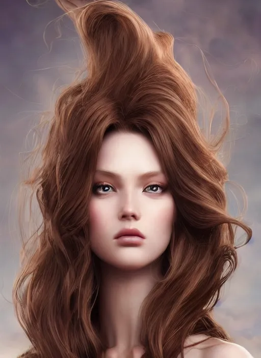 Image similar to a gorgeous female with long brown, hair photo by tim walker, realistic, full body shot, wide angle, sharp focus, 8 k high definition, insanely detailed, intricate, elegant, art by stanley lau and artgerm, floating embers