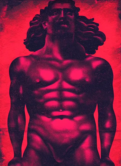 Prompt: black background with subtle red and purple design elements, statue of hercules, nekro, graphic design, collage art, thin lines, dark, glitch art, neo vaporwave, gritty, layout frame, square, trending on artstation