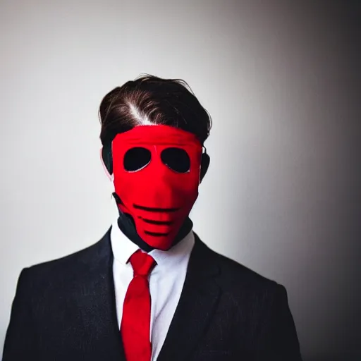 Image similar to blurry picture of a man wearing a bloody suit and a cheap plastic anonymous mask, 4k, film grain