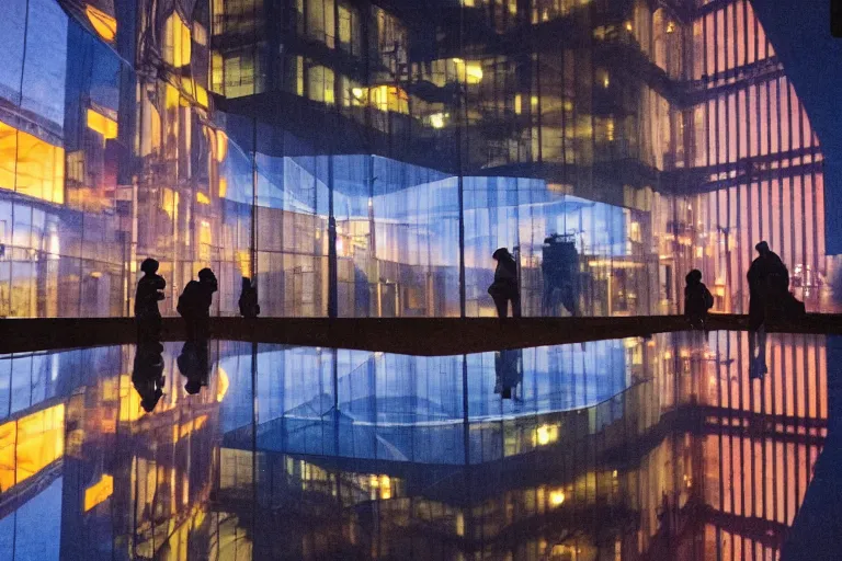 Prompt: outdoorsy guys club likes to look at the exteriors of urban architecture onion column shot by christopher doyle wong kar-wai film texture reflection through lit windows with slight drizzle trickling from them high definition film cinematography quality red blue