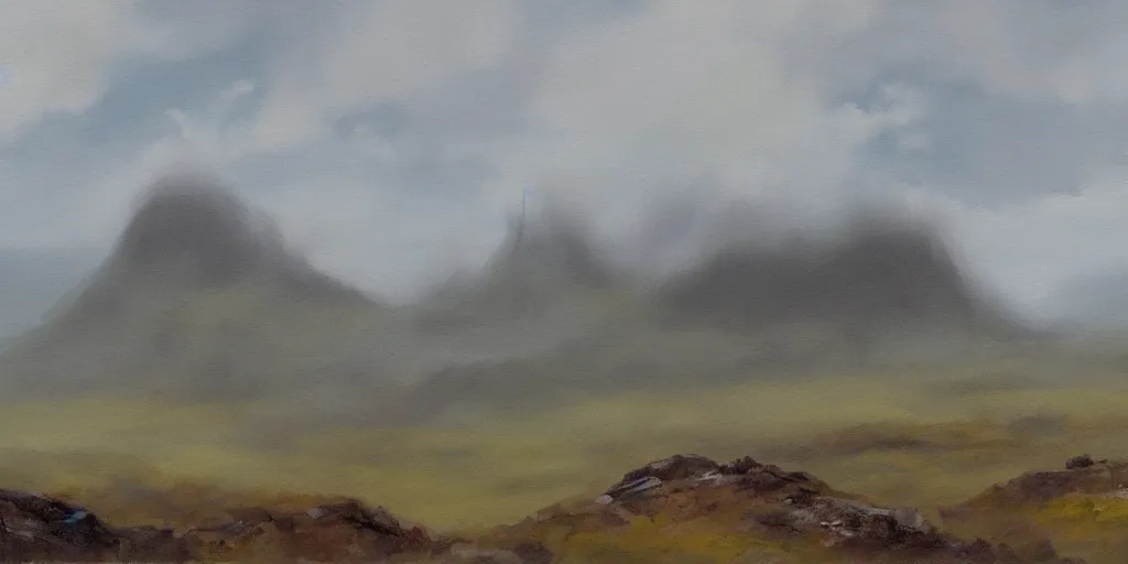 Image similar to painting of rocky highlands covered in mist with a ruined castle in the far distance, overcast sky, muted colors