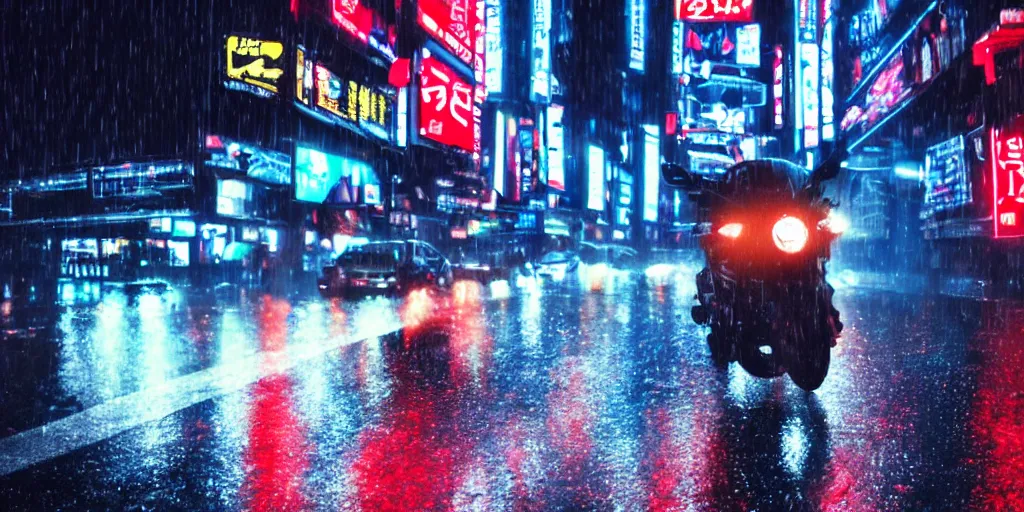 Prompt: a single sport bike, speeding down tokyo highway in the rain, night time, neon lights, thunderstorm, movie still from the film bladerunner