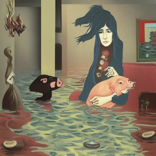 Image similar to tall female emo artist holding a pig in her flooded apartment, mushrooms, octopus, water gushing from ceiling, painting of flood waters inside an artist's apartment, a river flooding indoors, pomegranates, pigs, ikebana, zen, river, rapids, waterfall, black swans, canoe, berries, acrylic on canvas, surrealist, by magritte and monet