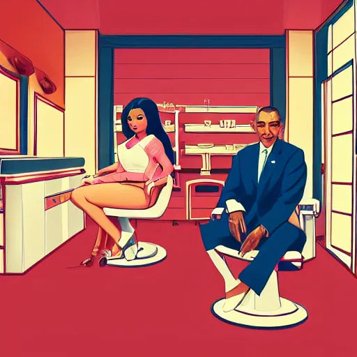 Prompt: illustration of nicki minaj sitting next to barack obama in a 6 0's vintage barbershop, symmetrical, cinematic scene, brownish flat colors, hyper realistic, highly detailed, by miyazaki, monokubo, trending on artstation