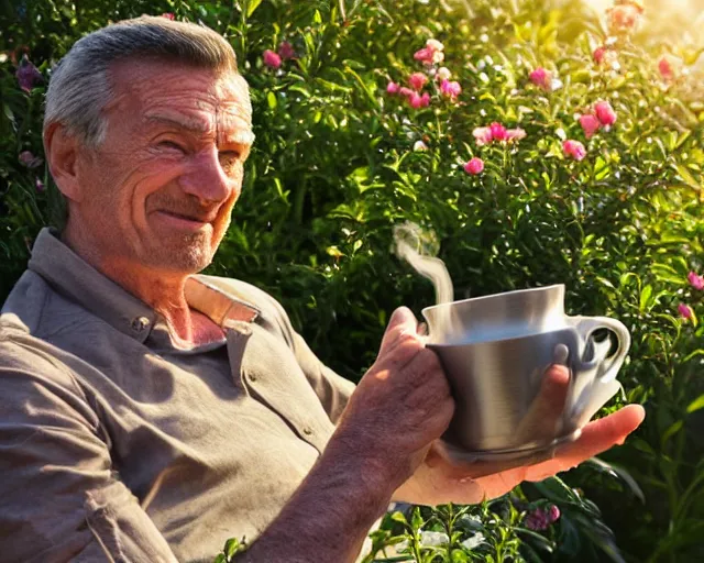 Image similar to mr robert is drinking fresh tea, smoke pot and meditate in a garden from spiral mug, detailed smiled face, muscular hands, golden hour closeup photo, red elegant shirt, eyes wide open