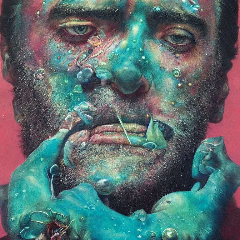 Image similar to Hyperrealistic intensely colored close up studio Photograph portrait of a deep sea bioluminescent Jon Hamm covered in chromatophores, symmetrical face realistic proportions eye contact, sitting on a Rock underwater, award-winning portrait oil painting by Norman Rockwell and Zdzisław Beksiński vivid colors high contrast hyperrealism 8k