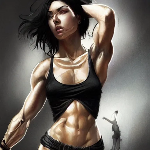 Prompt: a black haired tomboy athletic muscular woman in a black tank top, muscular upper body, abs, D&D, fantasy, intricate, elegant, highly detailed, digital painting, artstation, concept art, smooth, sharp focus, illustration, art by artgerm and greg rutkowski and alphonse mucha