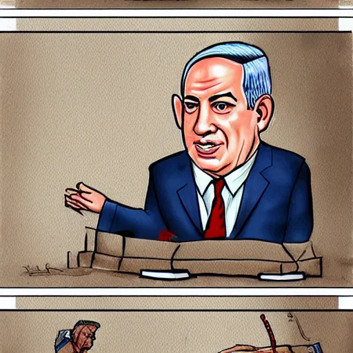 Image similar to benjamin netanyahu begging for money, caricature, simplified drwaing, digital art, trending on artstation