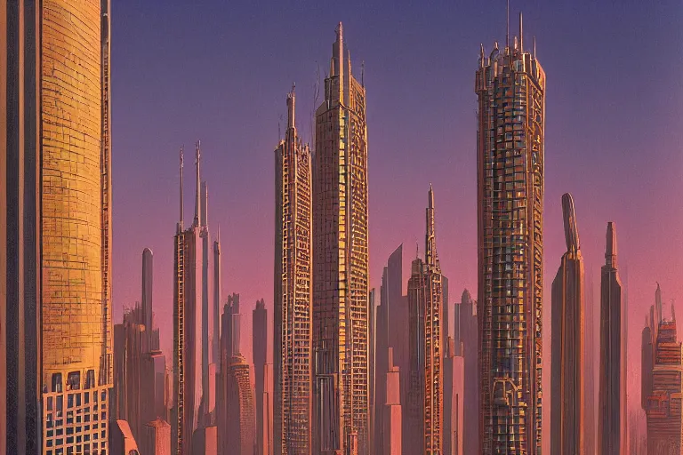 Prompt: science - fiction skyscrapers, dusk, michael whelan
