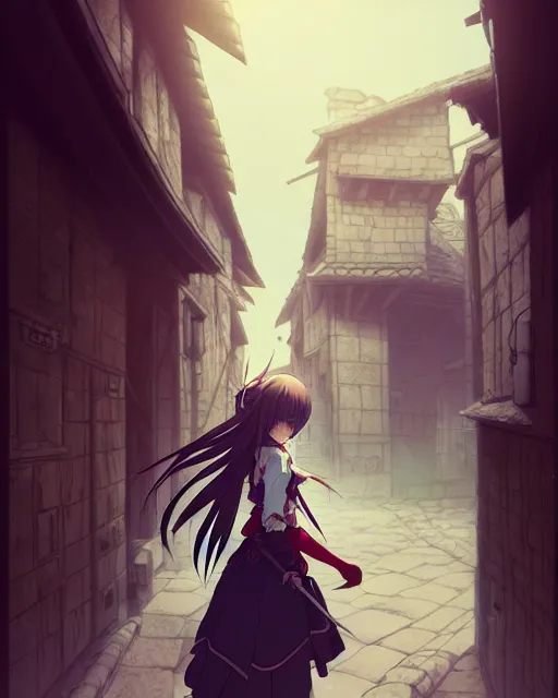 Image similar to pixiv, key anime visual portrait of a young female walking through a medieval village, dynamic pose, dynamic perspective, cinematic, dramatic lighting, detailed silhouette, film grain, yoshitaka amano, tending on artstation, face by yoh yoshinari, detailed, intricate