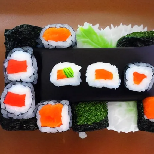 Prompt: mobile phone made of sushi