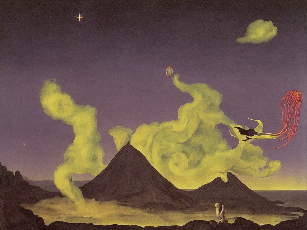 Prompt: albino mystic, with his back turned, looking at the Aurora over over the volcano in the distance, with beautiful exotic hoopoe, jellyfish. Painting by Jan van Eyck, Audubon, Rene Magritte, Agnes Pelton, Max Ernst, Walton Ford